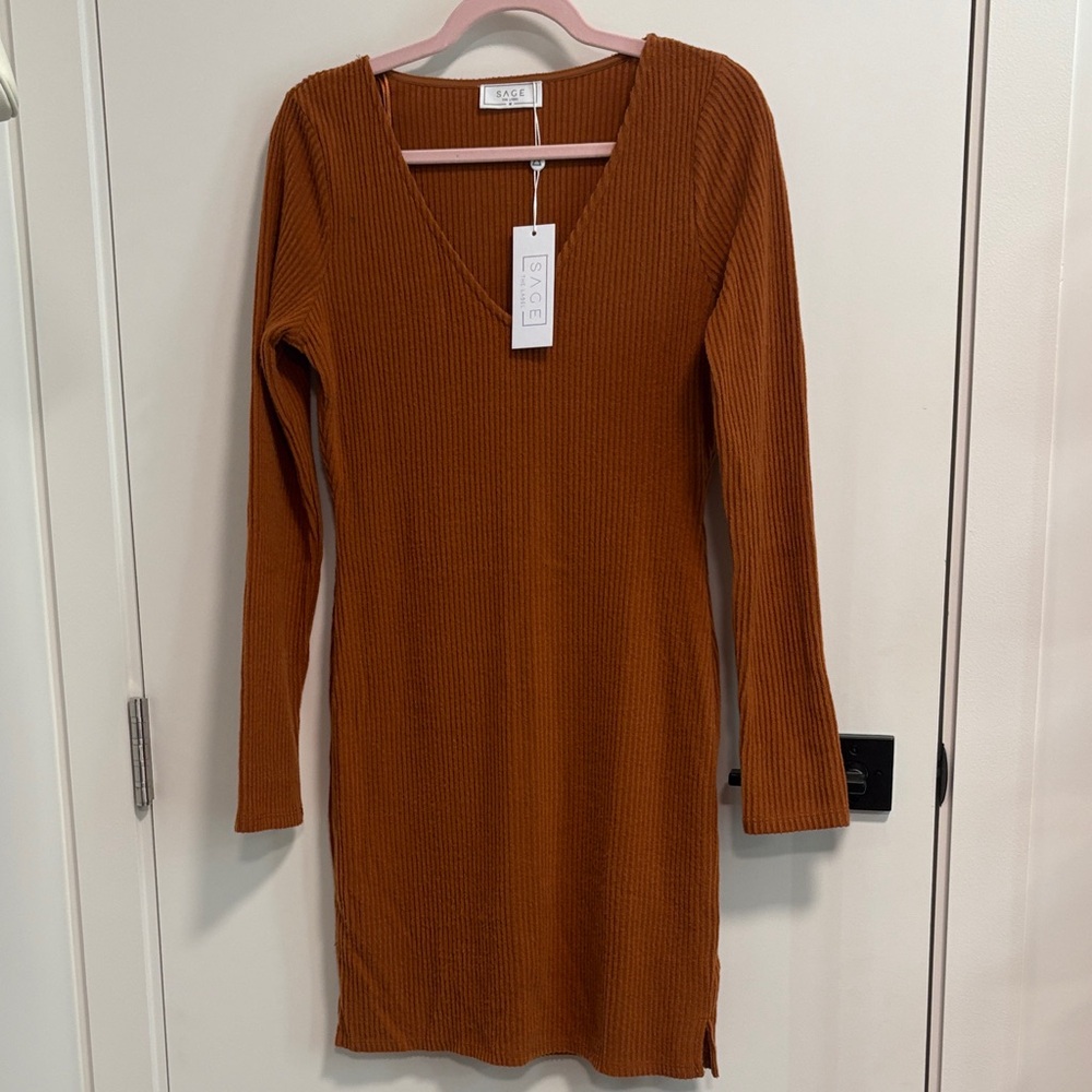 Sage Rusty Orange Ribbed V-Neck Long Sleeve Sweater Dress